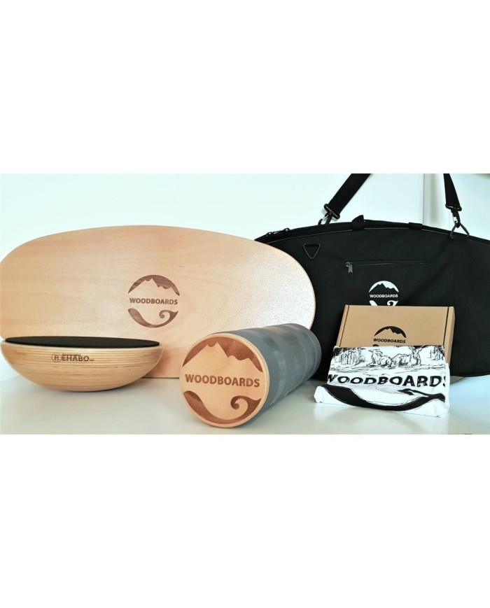 Originelles Mega-Set mit Geschenk – WOODBOARDS ORIGINAL COMPLETE + REHAB 360 + Transporttasche + gratis T-Shirt