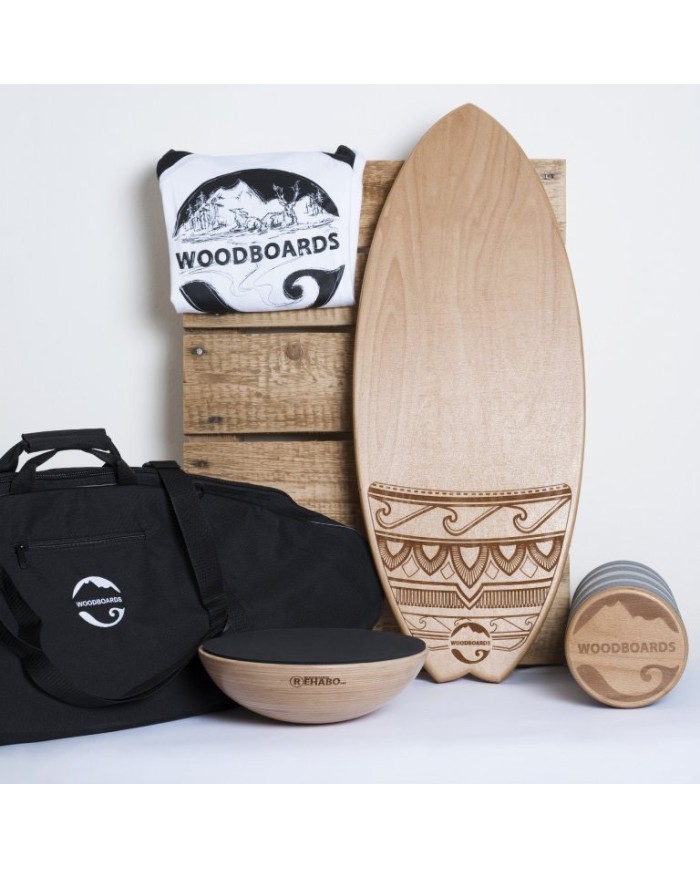 SURF MEGA SET mit einem Geschenk - WOODBOARDS SURF COMPLETE + REHAB 360 + Transporttasche + gratis T-Shirt
